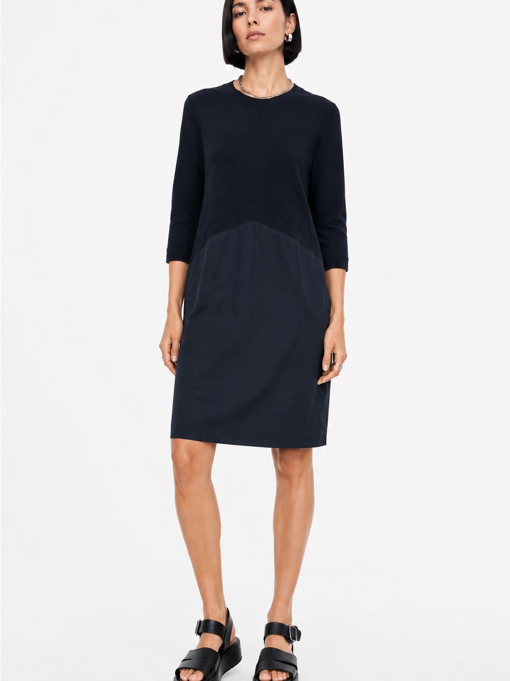 COS lightweight knit and silk minimalist shift dress | navy-black | L